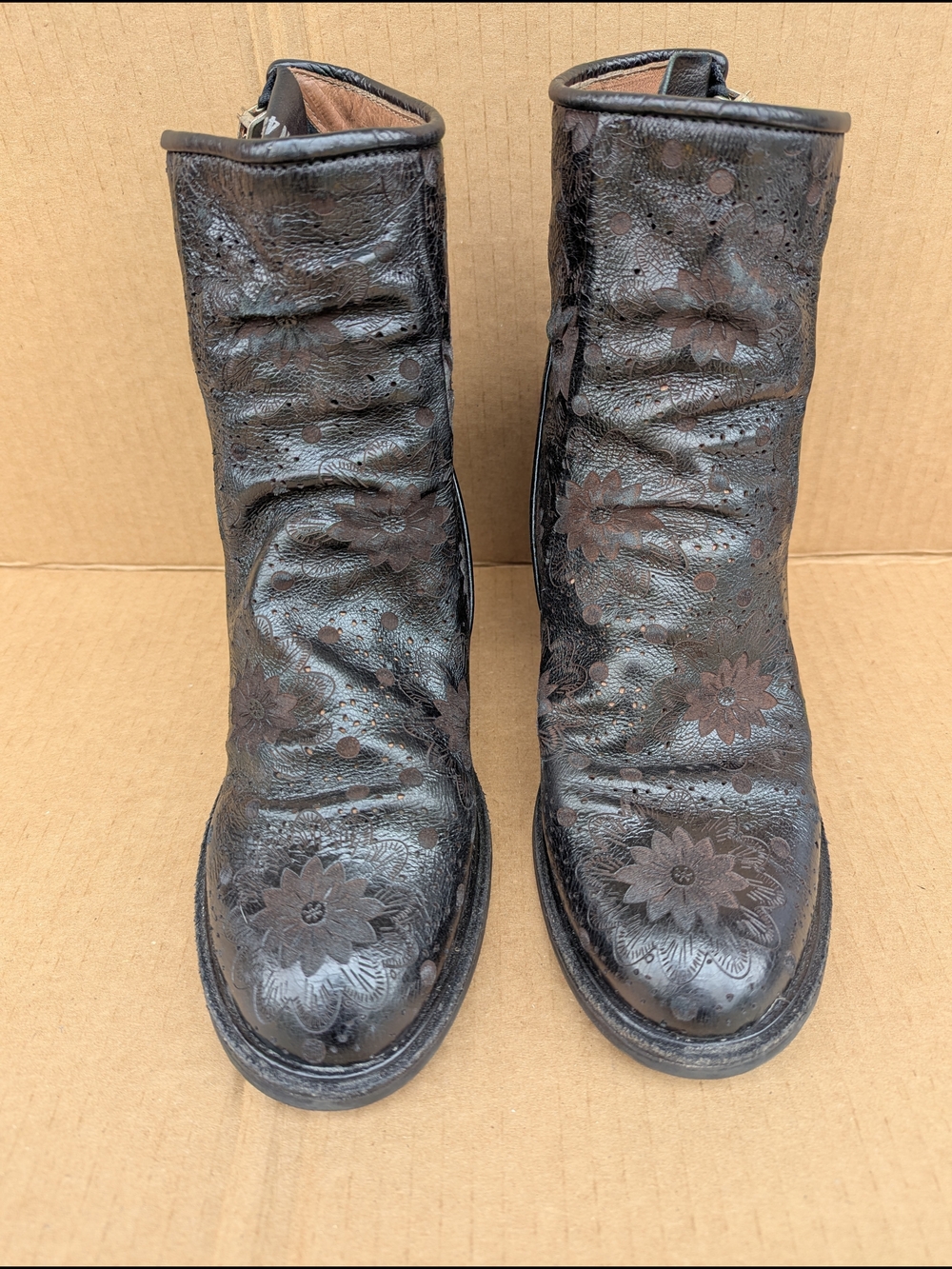 A.S.98 Floral Embossed Leather Ankle Boots Boho Grunge Stacked Block Heel 38 - Picture 2 of 11